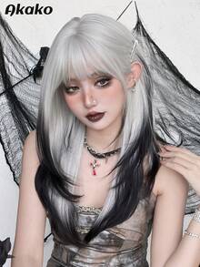 AKAKO 渐变黑银假发，女士款，24英寸长层次直发，带刘海，时尚自然，合成纤维材质，黑白渐变，适合音乐节、派对、哥特风、角色扮演等场合。 - 黑與白 - 查看 6