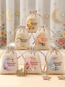 6Pcs Ramadan Kareem Linen Gift Bag,Eid Drawstring Bag With Moon Star Floral Design,Gift Wrapping Bag,Gift Packaging Bag,Storage Bag,Islamic Muslim Party Favor Bag,EID Mubarak Decorations,Eid Al Adha Gift,Ramadan Mubarak Party Supplies,Ramadan Kareem Decorations,Ramadan Decorations For Home,Organization And Storage - Multicolor - View 2