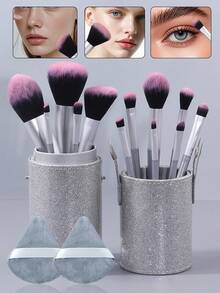 15pcs Makeup Brush Set, Including Multi-Function Storage Bucket, Powder Brush, Blush Brush, Highlighter Brush, Eyeshadow Brush, Eyeliner Brush, Makeup Sponge, Complete Makeup Tools - Silver - View 2