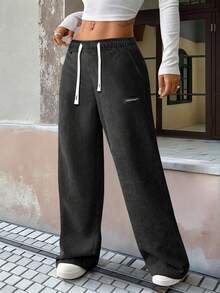 Quần dài nữ bằng vải nhung kẻ, cạp chun, hai túi bên hông và túi sau, màu trơn, đa năng, phù hợp cho mặc hàng ngày và các hoạt động thể thao ngoài trời. - màu đen - Xem 15