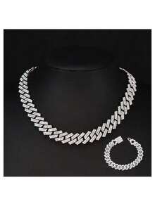 Conjunto de pulseira e colar cubano colar de corrente com cravação de gelo colar de diamantes hip-hop masculino - Prata - Visão 1