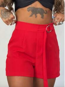 Women's Tailored Shorts With Tie - Red - View 5
