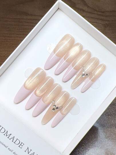 Pure Handmade Wearable Nails; Thin High Heels Nail Shape; Handmade Hand-Painted Pink Cat Eye French Nails; High-Quality Temperament Simple Design, Autumn And Winter Nails, Full Coverage False Nails, Y2K Nails, Unique And Niche Creative False Nails, Daily Nails, Cute Modern Style Nails, Daily Use, Detachable And Reusable.