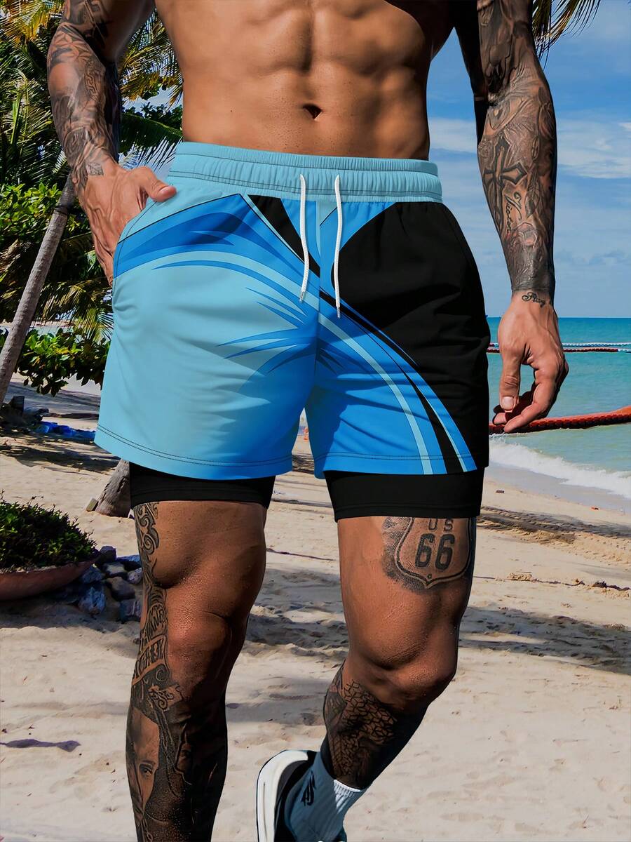 Men's Vacation Beach Style Double Layer Shorts - Multicolor - View 1