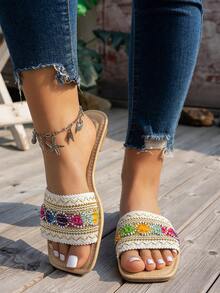 WRCVS Chinelos Planos Bordados Brancos Femininos, Sandálias Estampadas em Estilo Boêmio para Festa, Férias, Uso Externo