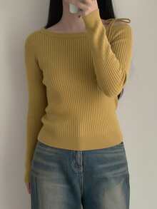 不对称露肩系带蝴蝶结设计百搭针织毛衣上衣，女士休闲装 - 花杏色 - 查看 4