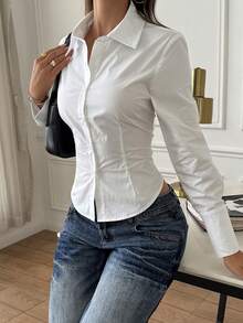 Women's Simple Casual Solid White Sexy Elegant Tie-Waist Turndown Collar Blouse, Suitable For Daily, Date, Valentine's Day, Commuting, Spring/Summer/Autumn - White - View 5