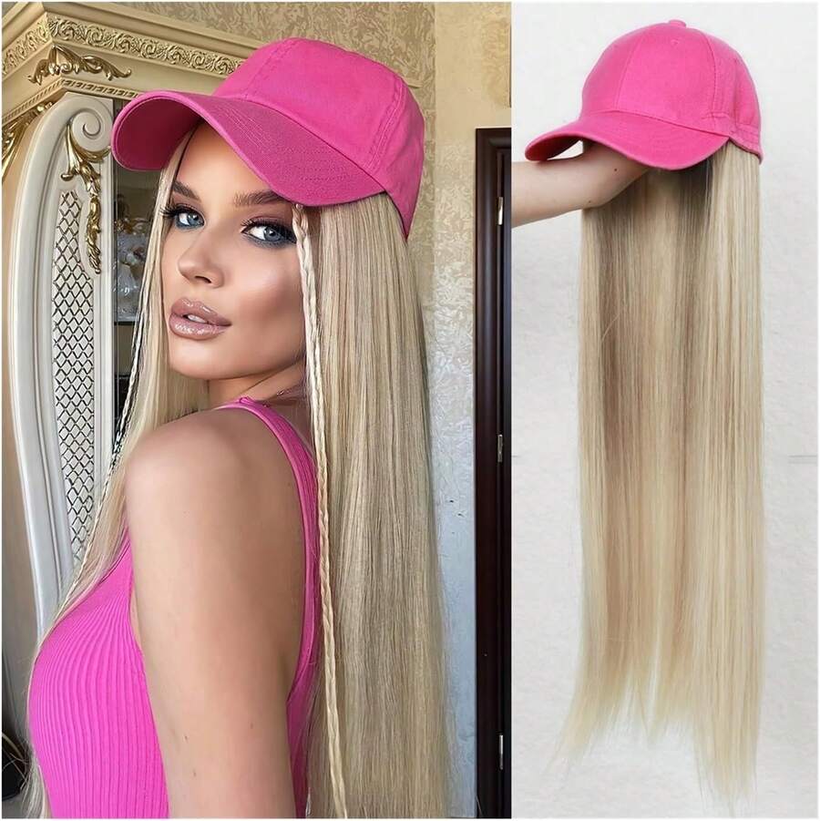 Gorra de béisbol ajustable con clip de onda - Sombrero de peluca de fibra sintética larga para mujeres - Rosa - Ver 1