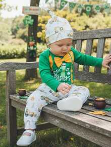 Conjuntos de ropa irlandesa para bebé niño, mono de manga larga con estampado de trébol, pantalones y gorro, 3 piezas - Verde - Ver 8