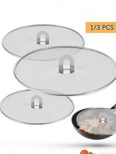 1/3pcs Splash Guard, Stainless Steel Frying Pan Splatter Screen, Splash Guard, Grease Cover With Foldable Handle, Mesh Grease Cover, For Kitchen Cooking, Restaurant