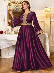 Plus Size Sequin Floral Lace Patchwork Gold Tape Long Sleeve Satin Hem Modest Evening Party Long Dress, Valentine's Day Dress, Wedding Guest Dress, For Birthday, Graduation, Homecoming Elegant Spring - Maroon - View 5