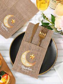 5Pcs Festival Kareem Linen Utensil Holders, Burlap Cutlery Pouches With Stars, Moon Design, Tableware Pouch Bag, Knife Fork Bags (Excluding Knives And Forks) Islamic Party Supplies, Table Decorations, Festival Kareem Party Supplies, Festival Decorations, Festival Decorations For Home, Decorations, Festival Celebration Accessories, Kitchen Supplies, Table Decor, Home Kitchen Organization, Arab Festivals, Islamic Festivals, Eid Mubarak, Ramadan