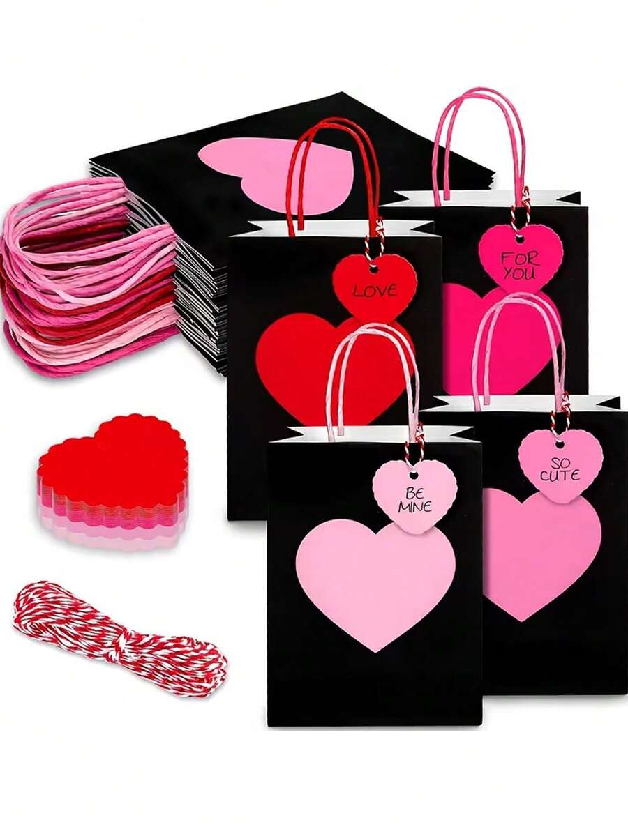 24/12/6/3pcs Valentine's Day Kraft Paper Gift Bags With Red Heart Tags, Heart-Shaped Valentine's Gift Bags, Black And Pink Design, Red And Pink Paper Party Bags With Handles, Anniversary Surprise Gift Bags, Foldable Shopping Bags And Valentine's Party Bags, Holiday Decorations, Shopping Bags, Romantic Occasion Gift Bags, Wedding Party Gift Bags, Handmade Tote Bags For Mother's Day, Valentine's Day, Birthday And Love Occasions - Multicolor - View 1