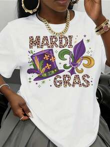 Mardi Gras Leopard Print Top Hat And Fleur De Lis Design T Shirt For Women Celebrate Carnival Festival Style ,220g - 白色 - 查看 2