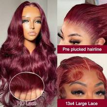 200% 密度蜂蜜金棕色 #BUG 酒红色波浪卷假发 13x4 高清透明蕾丝前假发，彩色假发，波浪卷假发无需胶水，预先拔毛，带婴儿发和自然发际线，100% 巴西原生发 - SBUG - 查看 7