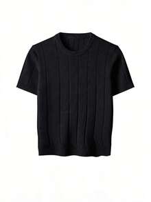 Tween Boys Solid Color Crew Neck Ribbed Short Sleeve T-Shirt, Casual Spring/Summer Top - Black - View 3