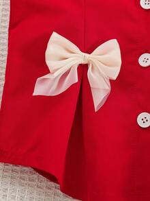 两件套女童甜美可爱套装，精致蝴蝶结无袖上衣+宽松阔腿裤，适合外出、生日派对、日常穿着。