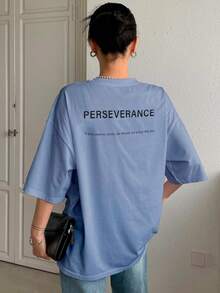 T-Shirt With "Perseverance" Print Lettering. Minimalist, Casual, Modern, Sophisticated, Simple, Basic, Summer, Oversized. - Baby Blue - View 2