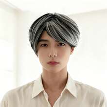 Fluffy Korean Gradient Short Straight Hair With Side Bangs Men's Short Wig, Synthetic Full Head With Clip-On Net Cap, Suitable For Party And Everyday Wear, Wig Hat - Multicolor - View 2