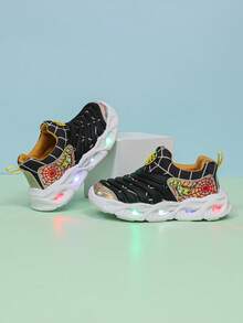 Comfortable & Fashionable LED Lighting Mesh Breathable Sports Shoes, Suitable For Boys And Girls - Casual, Shock-Absorbing, All-Season Anti-Slip Outdoor Running And Walking Shoes - Black - View 2