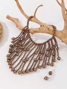 夸张多层蒲公英手工串珠仿珍珠项链耳环套装，复古波西米亚风休闲配饰 - 咖啡棕 - 查看 7