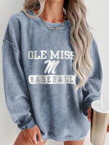 Winter Clothes For Women Long Sleeve Tops OLE MISS Baseball Print Sweatshirt For Women, Casual Everyday Style, Perfect For Christmas Outfits-Plus Size Women's Winter Casual Sports Tops, Loose-Fit Easy Relaxed Style, Christmas Family Dinner & New Year Outfits - 藍色 - 查看 1