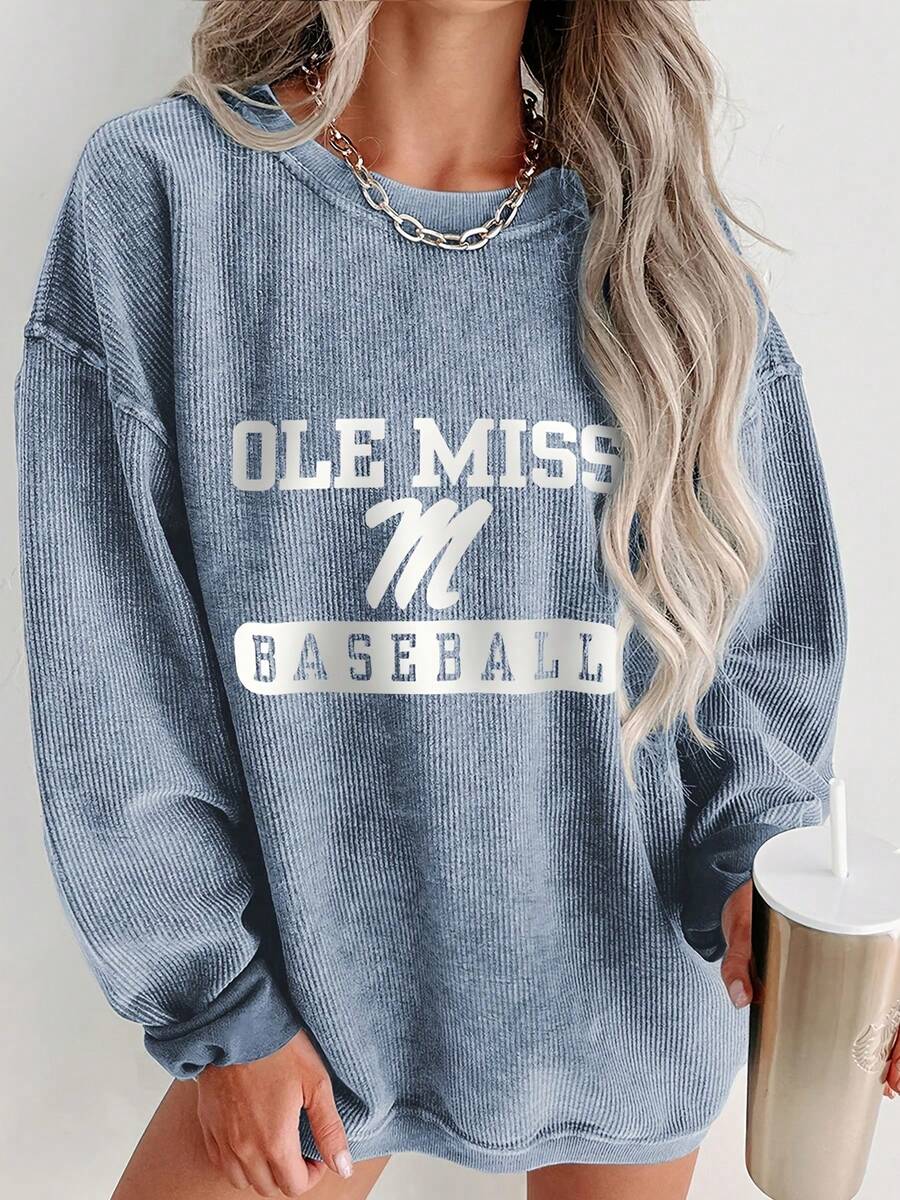 Winter Clothes For Women Long Sleeve Tops OLE MISS Baseball Print Sweatshirt For Women, Casual Everyday Style, Perfect For Christmas Outfits-Plus Size Women's Winter Casual Sports Tops, Loose-Fit Easy Relaxed Style, Christmas Family Dinner & New Year Outfits - 藍色 - 查看 1
