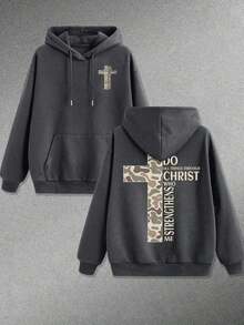Ropa De Invierno Mujer 310g Men's   Pocket Hoodie, Front Camouflage Cross Small Logo, Back Scripture Camouflage Cross, Religious Outdoor Style, Autumn And Winter Casual Top. Sweatshirts For Men - 深灰色 - 查看 12