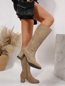 Apricot Loose Straight Shaft Boots, Side Zipper Design, Suede Classic Knee-High Boots, Chunky Heel Fashion Boots, New Autumn/Winter Slip-On Comfortable Breathable Versatile Women Knee Boots - Apricot - View 3