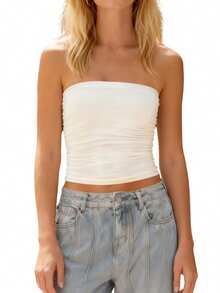 Women Strapless Tube Tops Solid Color Slim Fit Ruched Sleeveless Summer Going Out Vest - Beige - View 1