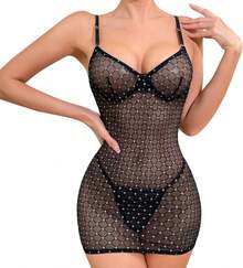 Lencería Sexy De Malla Con Diamantes De Imitación Para Mujer, Camisón Transparente - Rojo - Ver 1