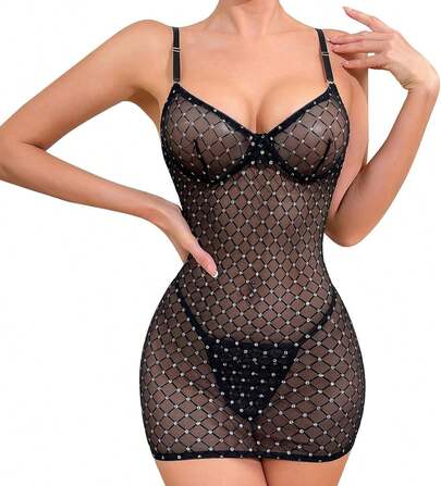 Lencería Sexy De Malla Con Diamantes De Imitación Para Mujer, Camisón Transparente