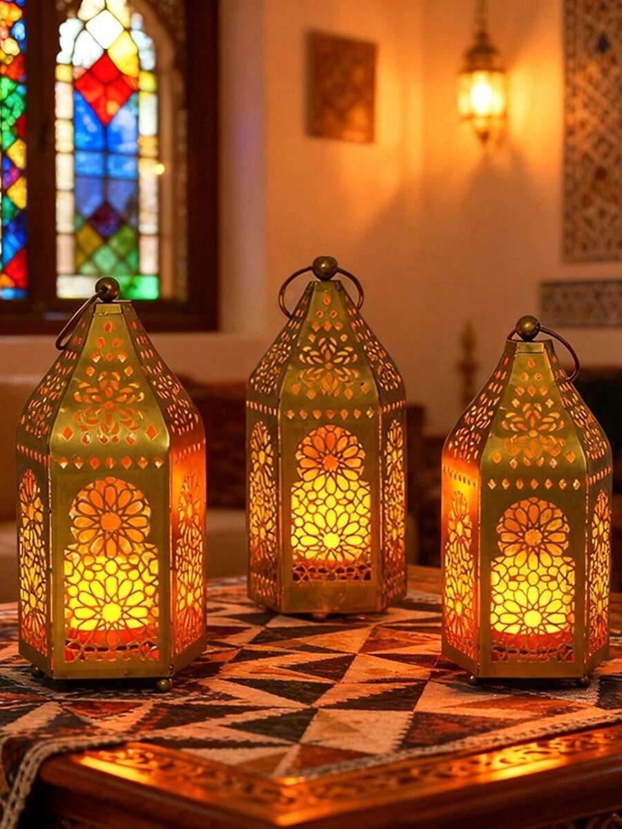 Đèn lồng nến rỗng bằng sắt, đèn lồng nến trà chạm khắc hoa cổ điển, đồ trang trí ngày lễ, quà tặng ngày lễ, quà tặng năm mới. - Nhiều màu - Xem 1