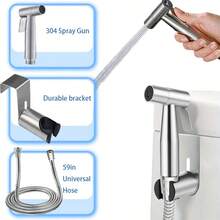 1 Set Handheld Bidet Sprayer Kit, Durable Material Douche Sprayer With Adjustable Water Flow, Includes Bidet Sprayer + Hanger + 59in Flexible Hose, Bathroom Upgrade - Silver - View 2