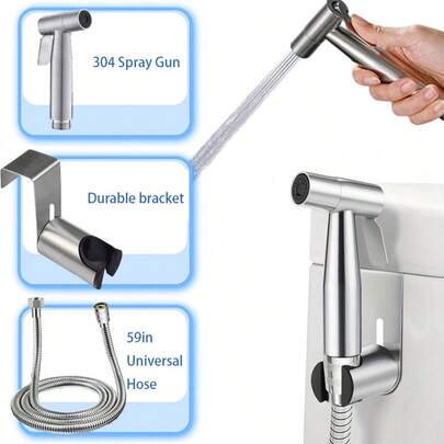1 Set Handheld Bidet Sprayer Kit, Durable Material Douche Sprayer With Adjustable Water Flow, Includes Bidet Sprayer + Hanger + 59in Flexible Hose, Bathroom Upgrade