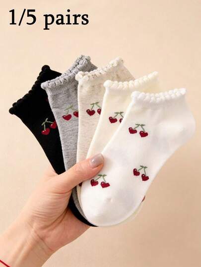 1/5 双装 女士甜心樱桃图案蕾丝边短袜 - 可爱、舒适、柔软、休闲 - 适合日常穿着、运动、旅行、上学等场合