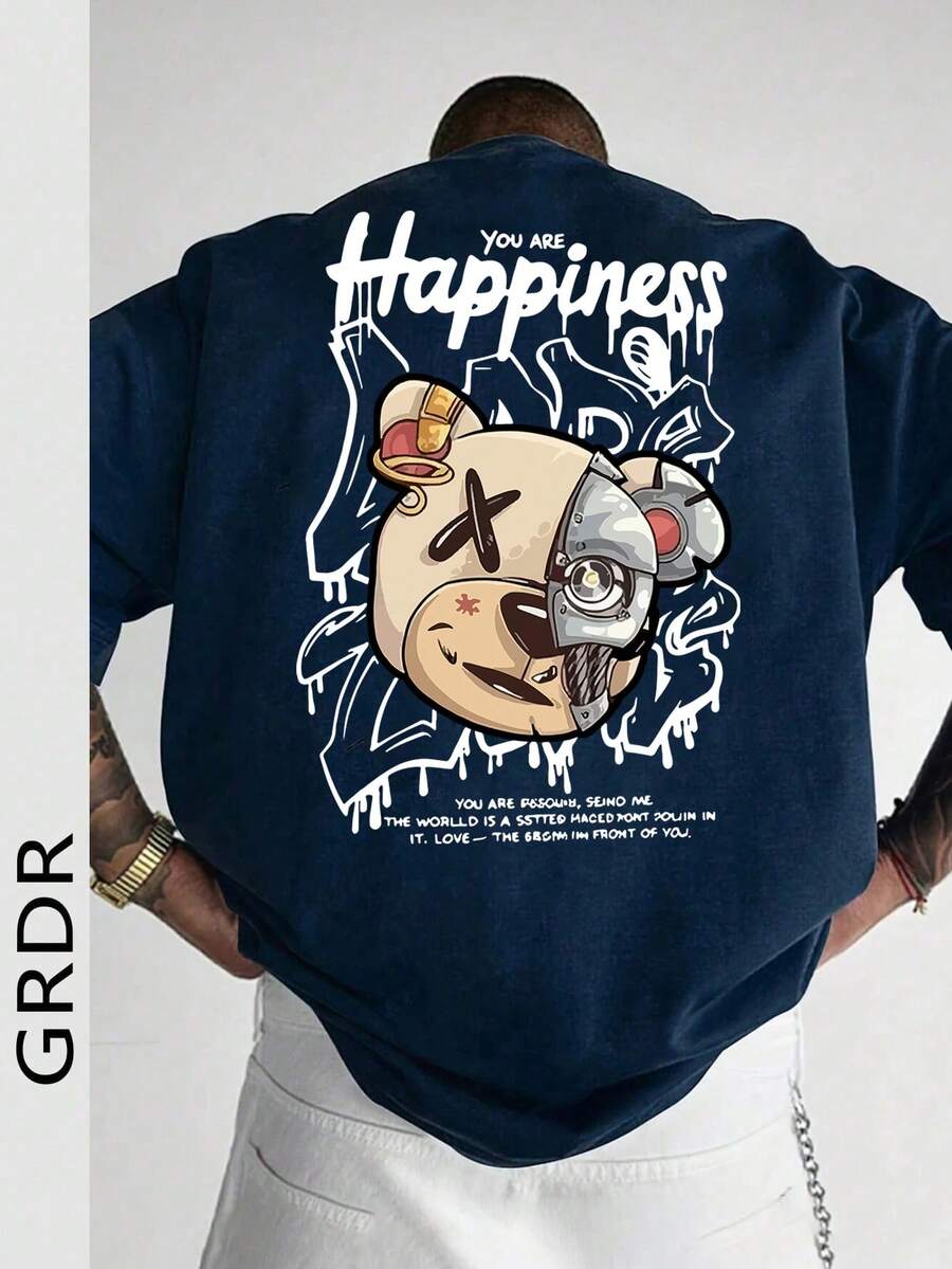 Camiseta de moda de manga corta con estampado de graffiti de verano para hombres GRDR, adecuada para el verano - Azul Marino - Ver 1