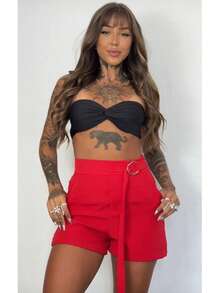 Women's Tailored Shorts With Tie - Red - View 4