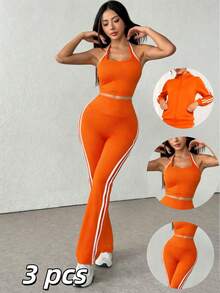 Set de 3 piezas con top corto sin espalda + pantalones deportivos de cintura alta de color contrastante, conjunto casual de ropa deportiva para exteriores - Naranja - Ver 1