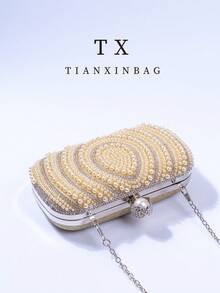 Pink Pearl Clutch Bag, Elegant Engagement Party Handbag For Cheongsam Dress, With Metal Chain Strap, Suitable For Party, Wedding, Prom, Banquet, Perfect Match For Women's Graduation Gown, Prom Dress, Sequin Dress, Shiny Dress, Formal Dress - Champagne - View 6