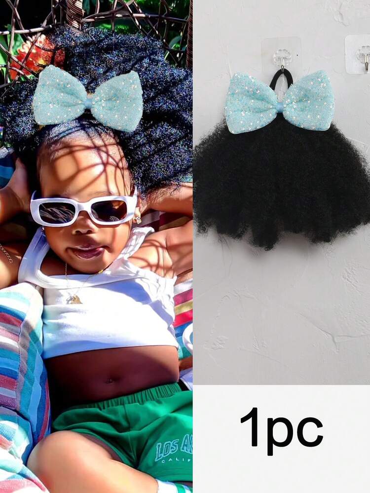 Shiny Bow Clip And Go Afro Kinky Marley Ponytail With Elastic Band Soft Hair Girl Braided Ponytail For KIDS 1pc - Black - View 8