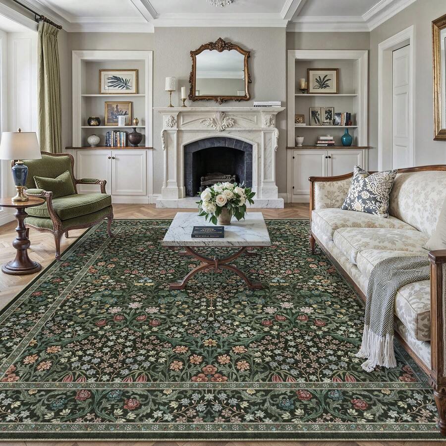 Soft Washable Vintage Floral Pattern Rug & Carpet - Extra Large Size, Non-Slip, Machine-Washable Rubber Backing, Faux Cashmere Texture, Suitable For Bedrooms, Living Rooms, And Dining Rooms - Black/Green/Beige, Bohemian Floral Style, Great Price + Free Shipping. - Aisha (Black) - View 1