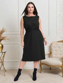 Plus Size Elegant Minimalist Romantic Pleated & Twist Detail Black Modest Dresses,Suitable For Commute, Vacation, Afternoon Tea, Party - Black - View 3