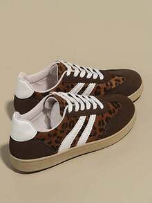 1 Pair Girls' Soft Sole Non-Slip Casual Fashion Lace-Up Sneakers, Leopard Print Breathable Comfortable Versatile Skate Shoes, Suitable For All Seasons - Brown - View 6
