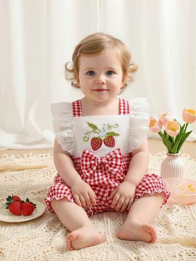 Baby Girls' Cute Strawberry Embroidery Butterfly Sleeve Romper With Floral Trim, Suitable For Outdoor Activities, Daily Play And Gatherings, Spring/Summer