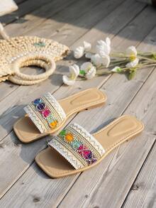 WRCVS Chinelos Planos Bordados Brancos Femininos, Sandálias Estampadas em Estilo Boêmio para Festa, Férias, Uso Externo