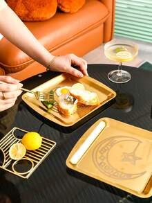 1pc New 304 Stainless Steel Korean Style Rectangular Plate, Gold Color Tray, Craft Dish, Suitable For Outdoor, Gift, Party, Garden