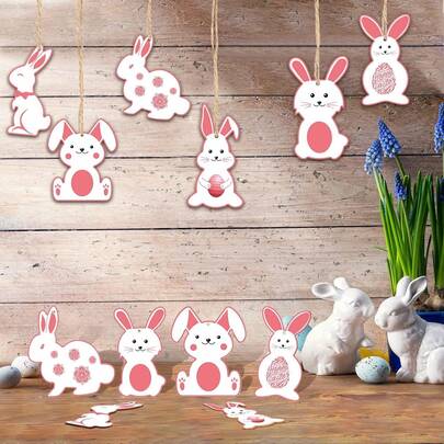 12pcs Blank Wooden Easter Bunny Shaped Hanging Decorations, DIY Unfinished Painting & Graffiti Plaques