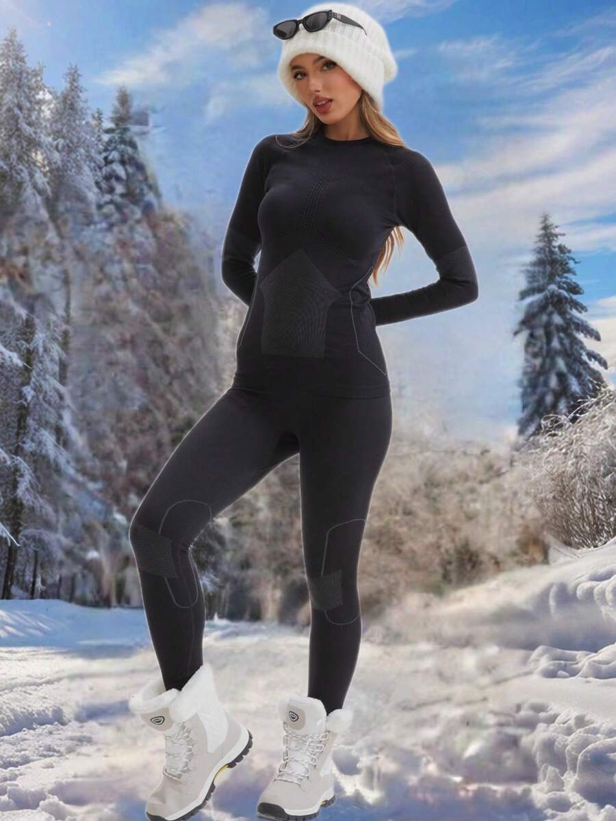 Ski Outfit Women Seamless Crew Necl Long Sleeves Tops Snow Suit Ski Thermal Jumpsuit Yoga Snowboarding Outfit Winter Clothes - Black - View 1