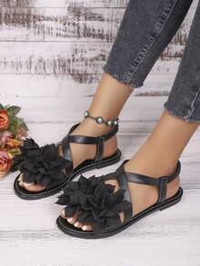 New Criss-Cross Floral Design Women Flat Sandals, Casual Fashion Versatile Lightweight Beach Sandals - Black - View 3
